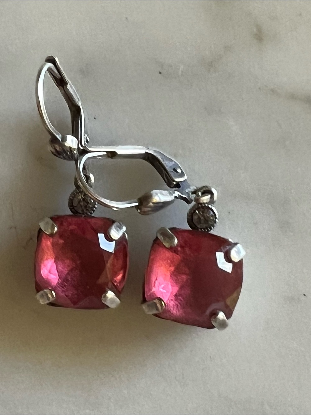Catherine Popesco Silver Drop Earrings with Fuchsia Cushion Stones